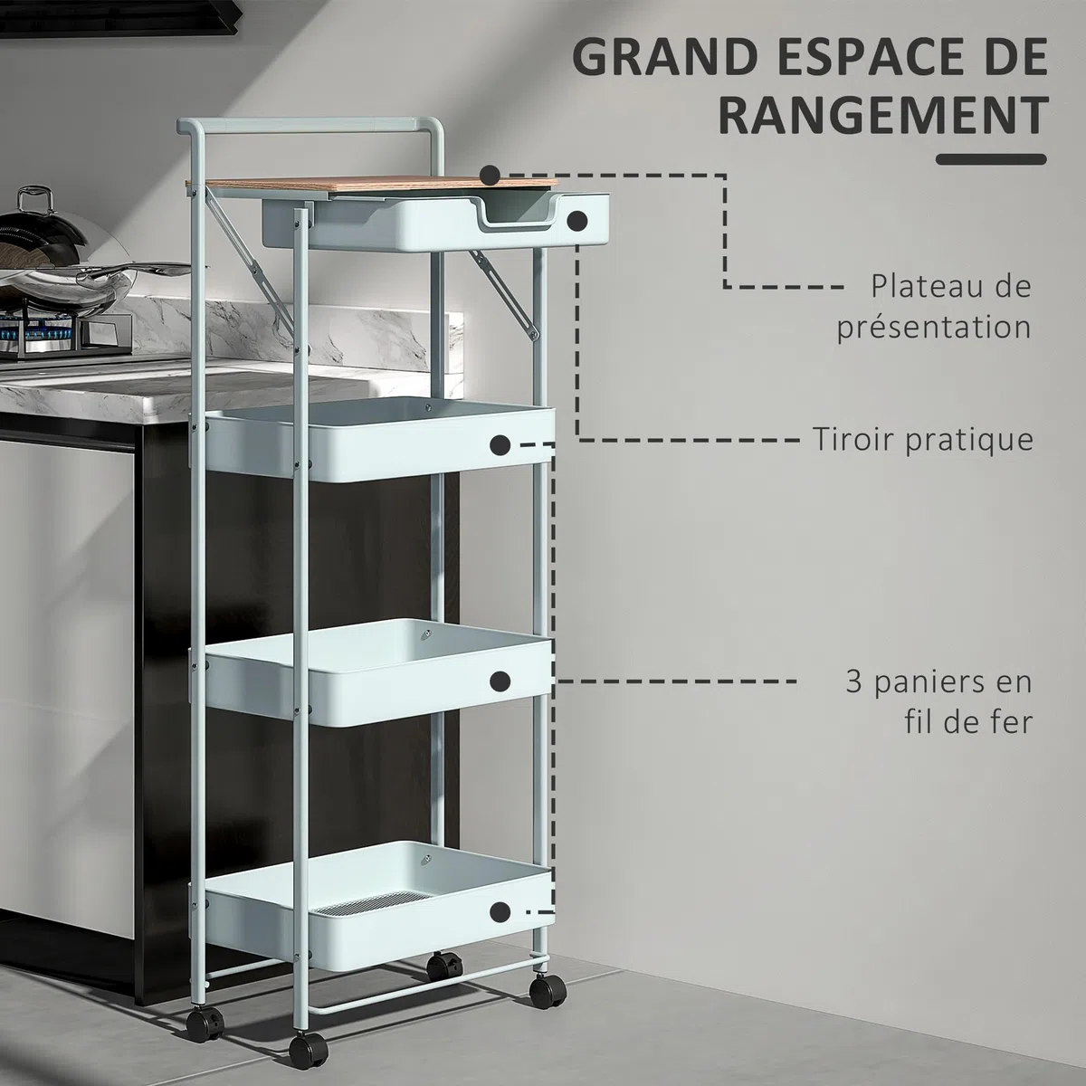 HOMCOM Carrello portaoggetti con ruote a 4 livelli, carrello con ruote con cassetto, vassoio e ceste, per cucina, soggiorno, bagno, ufficio, verde