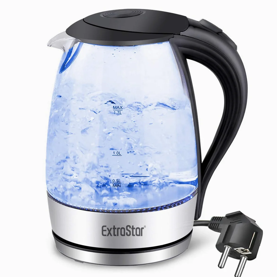 EXTRASTAR Bollitore Acqua Elettrico, Bollitore da 1,7L in vetro con indicatore luminoso a LED blu, bollitore elettrico senza BPA con spegnimento automatico e protezione da bollitura a secco.