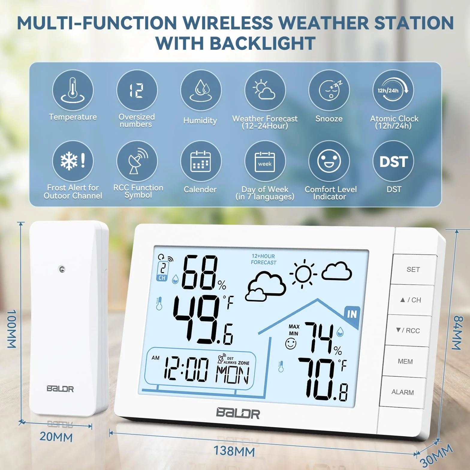 Stazione Meteorologica con Sensore Esterno di Temperatura e Umidità, Previsioni del Tempo, Orologio Radiocontrollato con Sveglia, Data