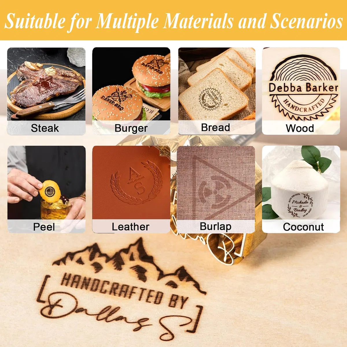 Ferro da stiro personalizzato per legno e pelle, hamburger, barbecue, bistecca e pane, logo personalizzato (3.8cm)