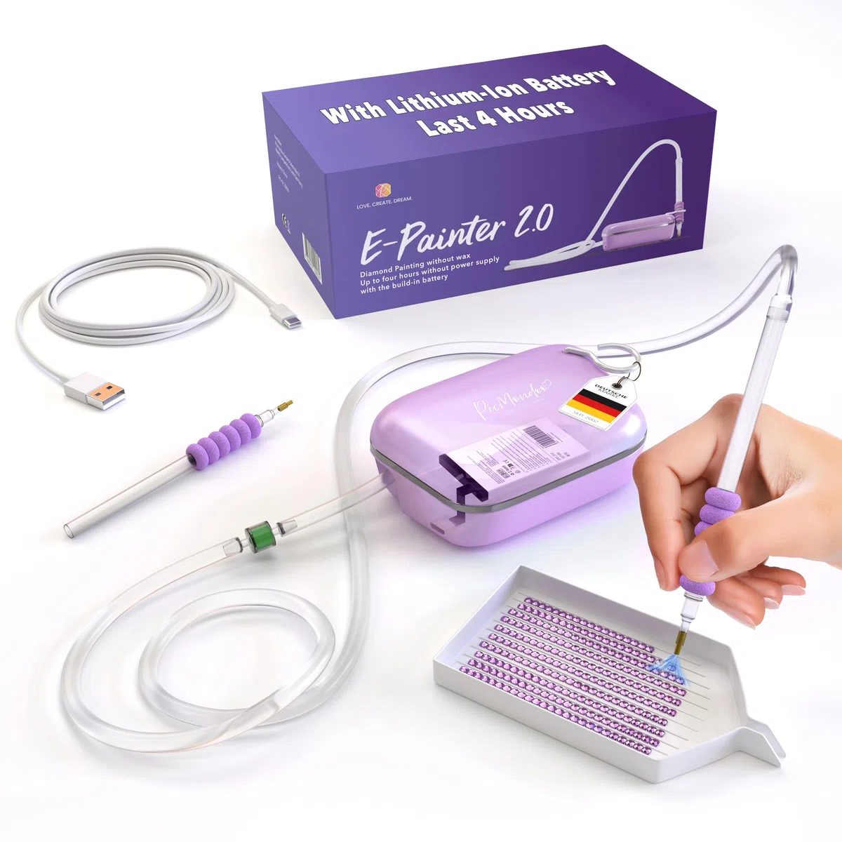 Picmondoo E Painter Penna per Pittura con Diamanti con Batteria e USB-C, Penna Elettrica per Diamond Painting, Pompa a Vuoto Silenziosa, Accessorio Epainter per l'Inserimento di Pietre AB senza Cera