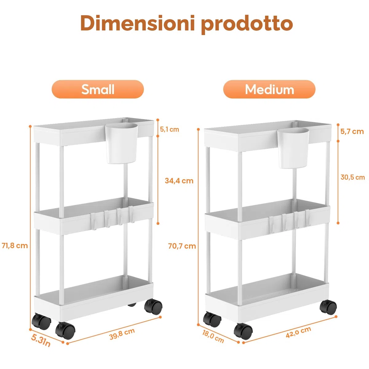 Shirvee 2 PCS Carrello con Ruote a 3 Ripiani Mobile Rotelle Salvaspazio Storage Rack Bagno Cucina per Portavivande Portafrutta (Bianco)