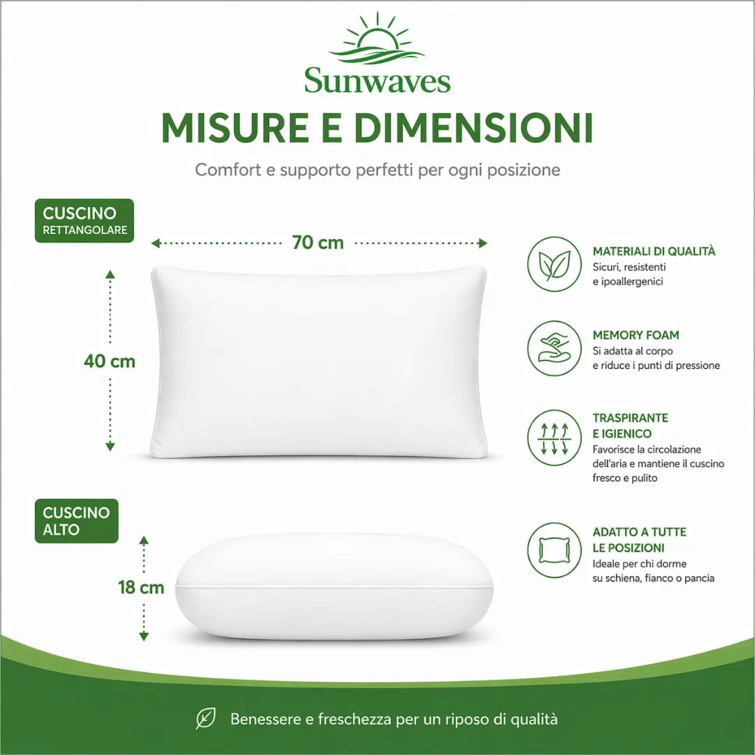sunwaves 1 Cuscino Memory Foam – Cuscino Cervicale per Dormire 70x40x18 cm, Cuscino per Cervicale Made in Italy, Cuscino Antirussamento, Cuscino Letto in Memory Foam di Prima Scelta