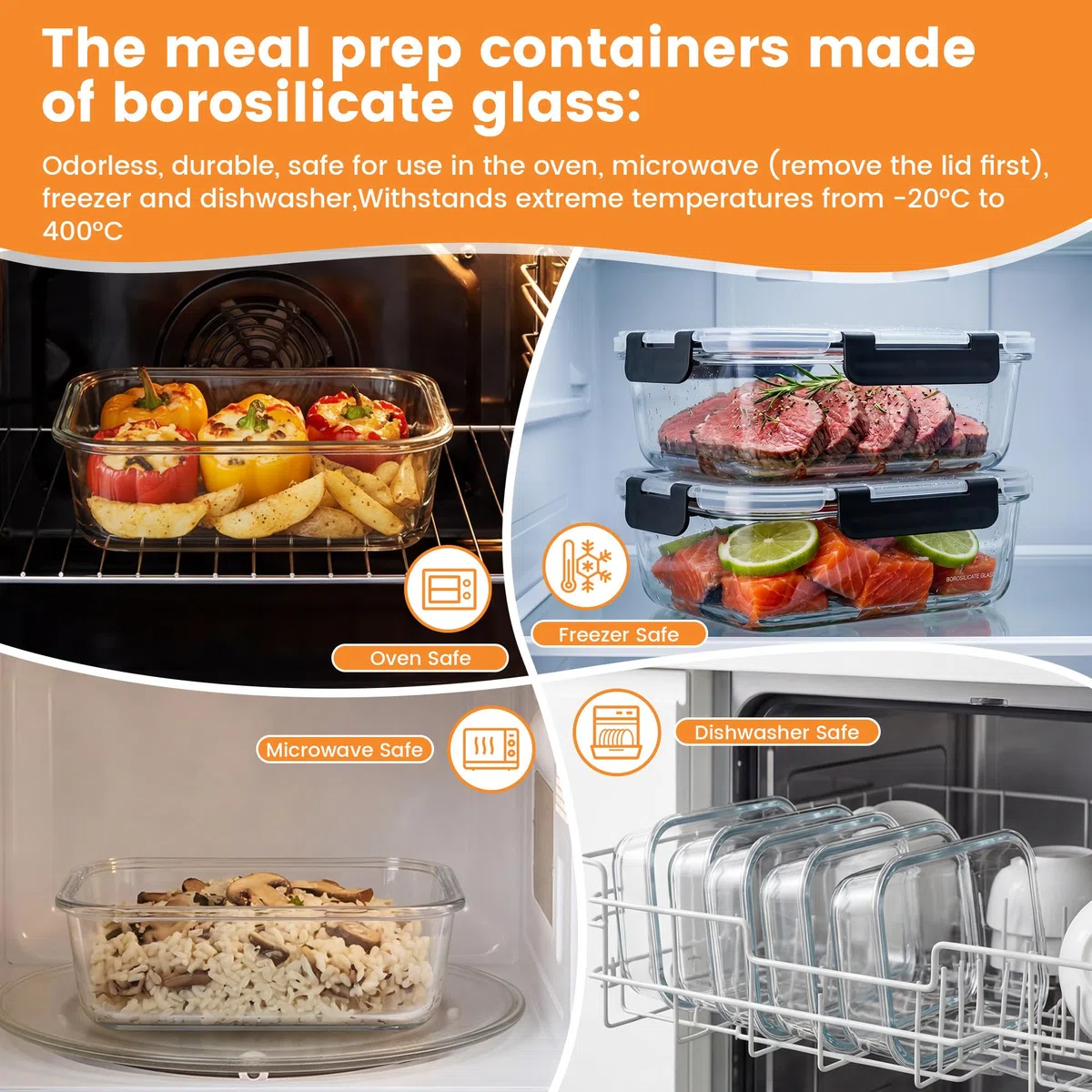 Zocipro 5pcs 1000ml Contenitori per Alimenti Ermetici in Vetro Borosilicato con Coperchio,Ermetici e a Prova di Perdite, Contenitore Ermetico per Alimenti, Adatti a Forno, Microonde e Lavastoviglie