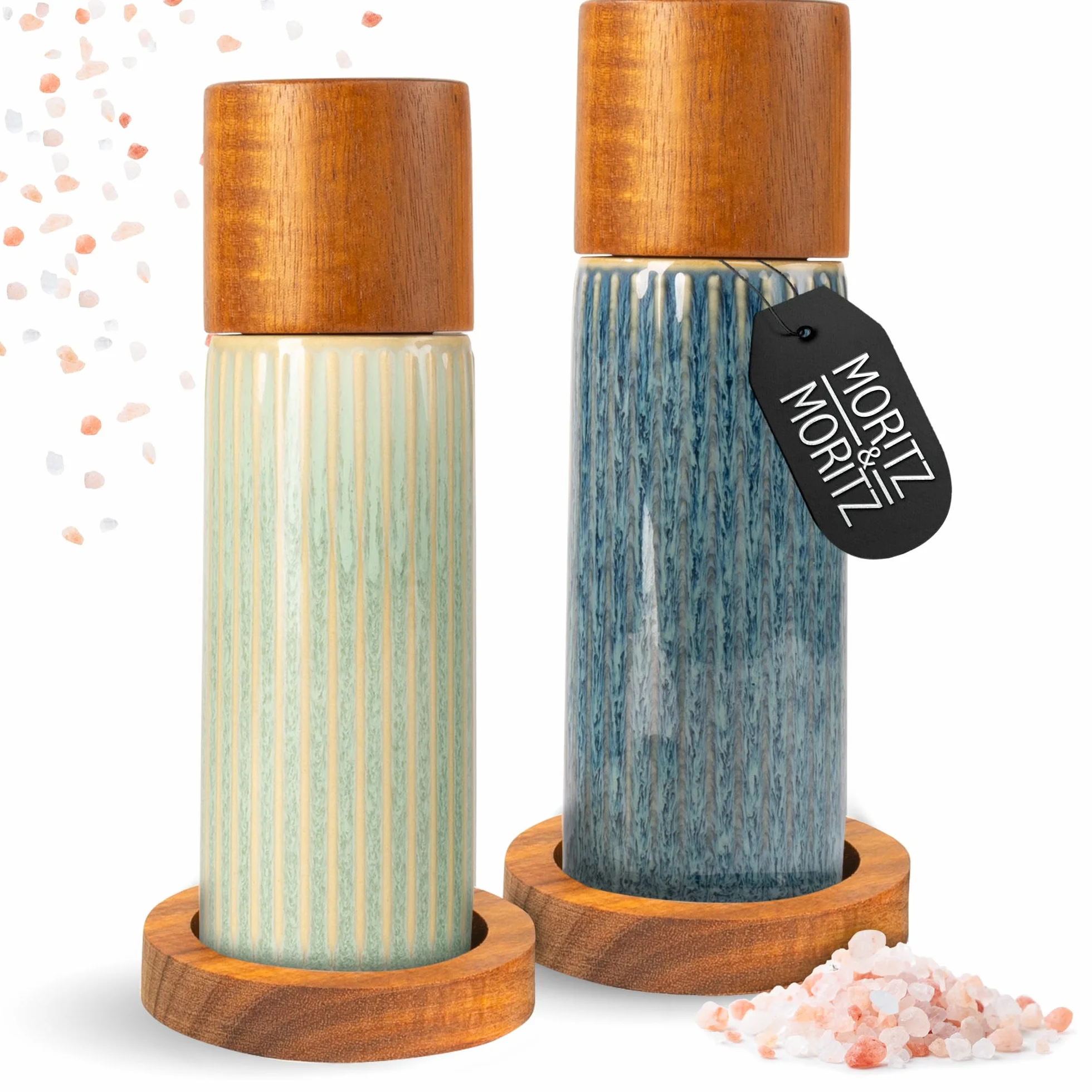 Moritz & Moritz PEPE Set 2 Macinaspezie Blu/Verde – Macinapepe e Macinasale in Ceramica, Legno di Acacia e Gres, Regolazione Macinatura, Ricaricabili per Sale, Pepe e Spezie