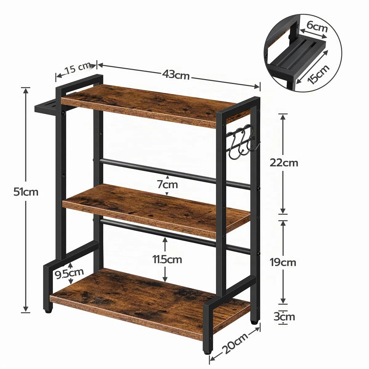 HOOBRO Scaffale Portaspezie, Organizer da Cucina con 3 Ganci, Scaffale per Condimenti 3 Ripiani, con Porta Coltello, Piedini Regolabili, Stile Industriale, per Sala da Pranzo, Cucina EBF01TL01