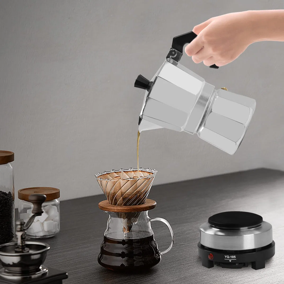 Caffettiera elettrica per caffè espresso 6/3 tazze, a induzione, adatta a tutti i piani cottura (6 tazze)