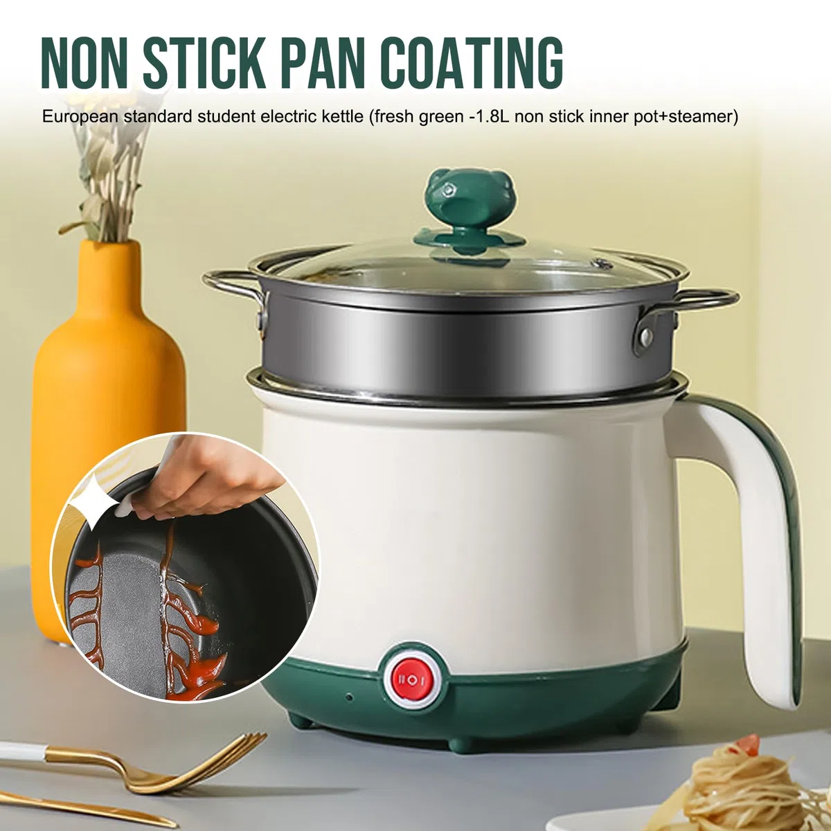 Mini fornello antiaderente, 1,8 l, pentola elettrica, pentola portatile, mini fornello portatile per bistecca, pasta, uova, avena, ramen, con vapore, verde (bianco + verde)