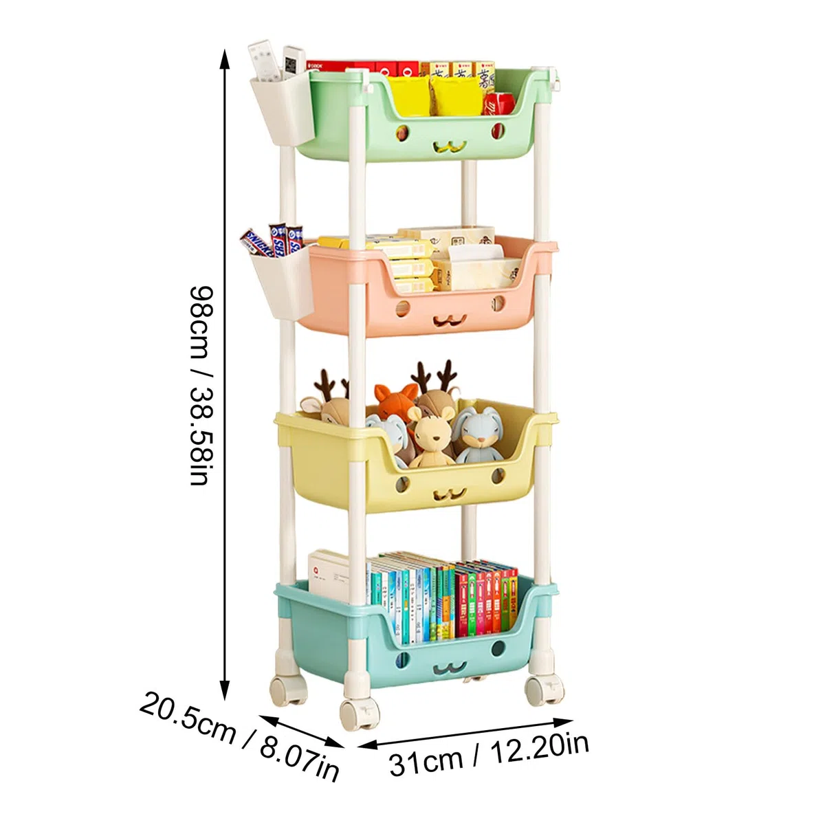 Organizzatore per giocattoli piccoli - Scaffale multilivello con ruote, grandi contenitori con ruote + accesso facilitato, in durevole + struttura rinforzata, per camerette dei bambini, sala