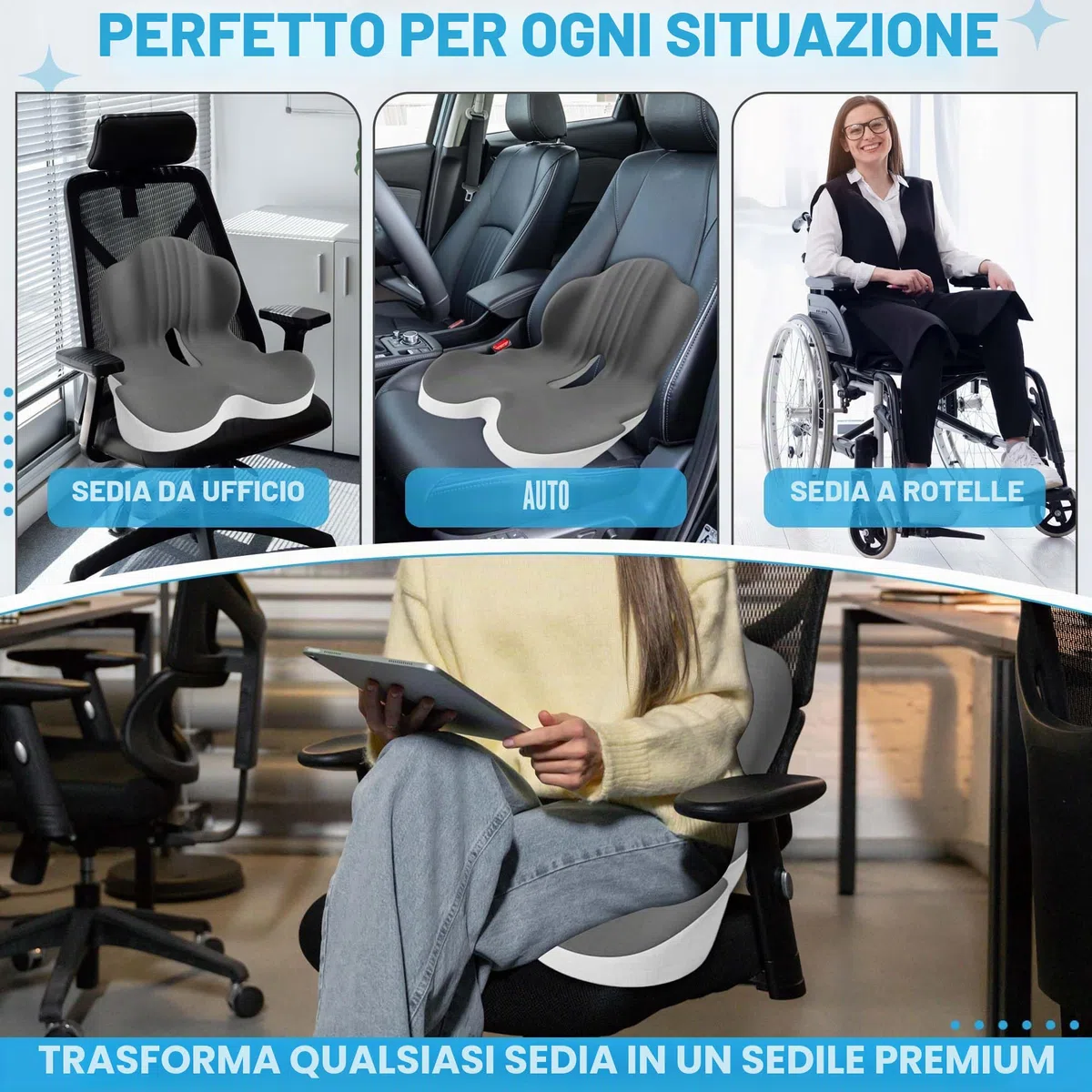 Grande cuscino per sedile in memory foam con supporto lombare per sciatica e sollievo dalla pressione del coccige, cuscinetto per coccige per sedia da ufficio, auto, sedia a rotelle, casa, ufficio