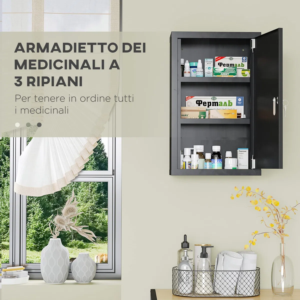 kleankin Armadietto Farmaci a Parete a 3 Ripiani con 2 Chiavi di Sicurezza, Armadietto Porta Medicinali in Acciaio, 30x14x46 cm, Nero