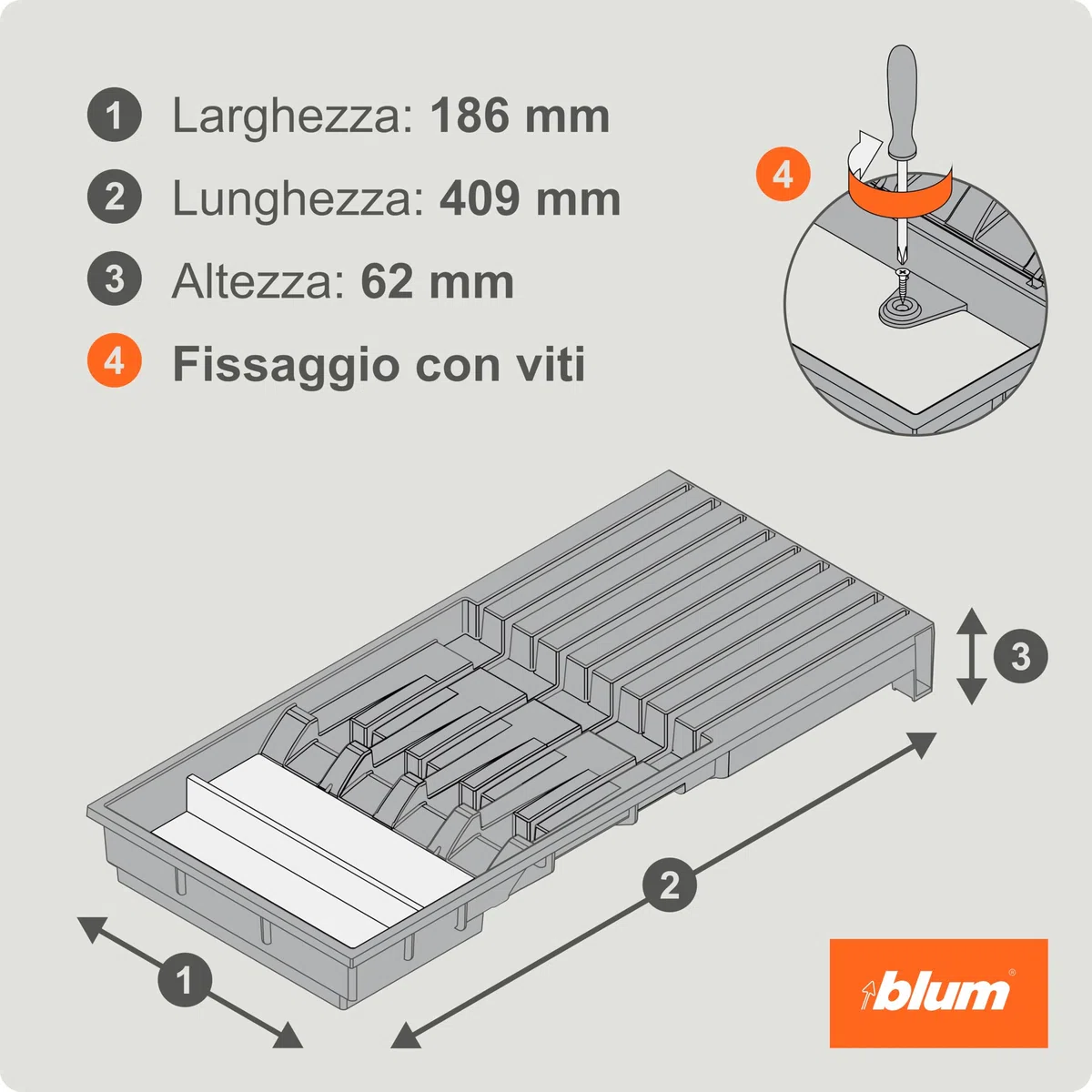 Portacoltelli Blum I Cassetto I 9 coltelli max. I Plastica / Acciaio inox I Possibilità di rimozione I Cucina