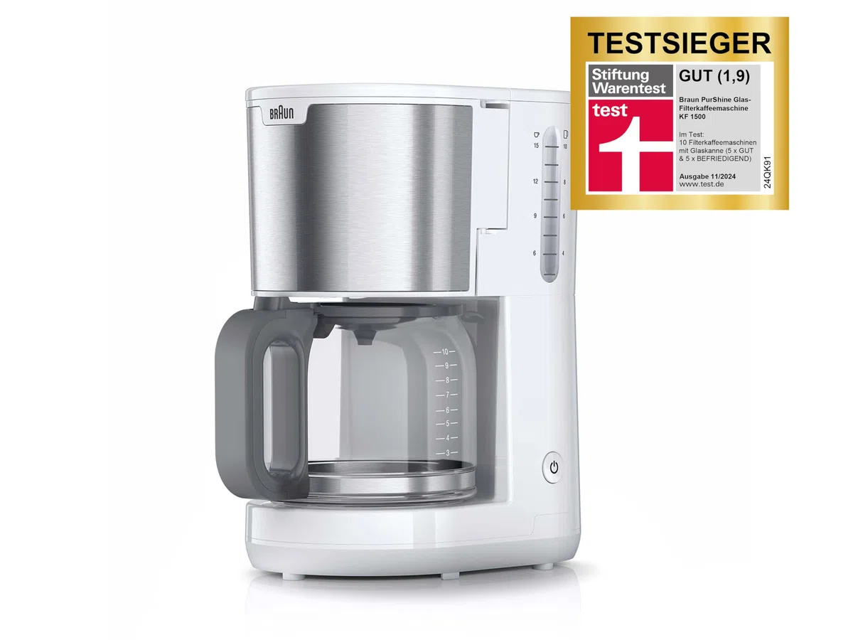 Braun Household PurShine KF 1500 WH - Macchina da caffè con filtro in vetro per fino a 10 tazze, sistema OptiBrew, spegnimento automatico, 1000 Watt, bianco, KF1500WH