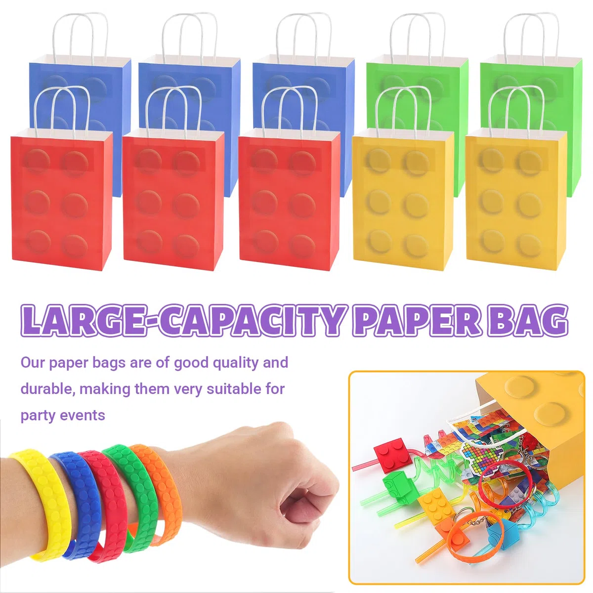 110 Pezzi Set Regalo Mattoncini Compleanno con Quaderni, Braccialetti Slap, Sacchetti di Regalo con Motivo a Mattoncini, Portachiavi, Cannucce, Regalo, Braccialetti per Bambineini e Bambine