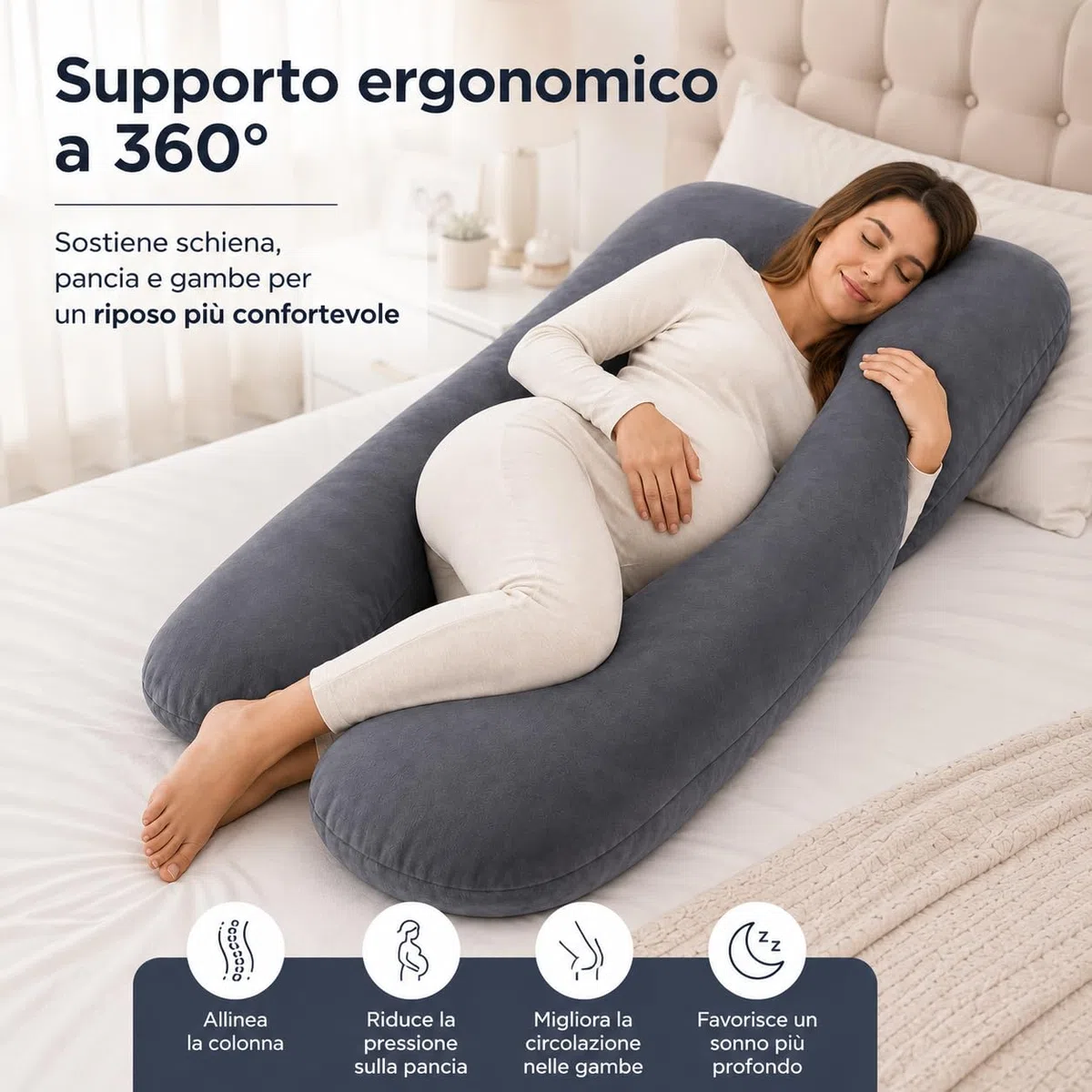 Cuscino Gravidanza per Dormire a Forma di U - Cuscino Allattamento e Premaman - Supporto Ergonomico per Schiena, Pancia e Gambe - Federa in Velluto Sfoderabile e Lavabile
