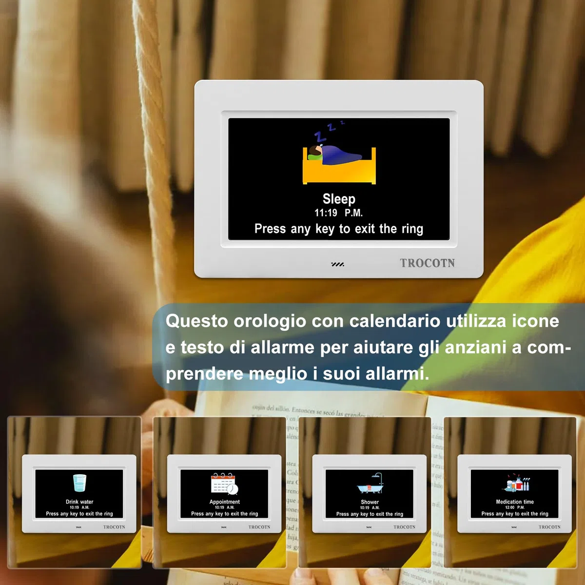 TROCOTN Grande orologio digitale per anziani, con calendario, grande display con allarmi personalizzati, orologio da parete con giorno e data, sveglia, orologio da scrivania (7 Pollici, bianco)