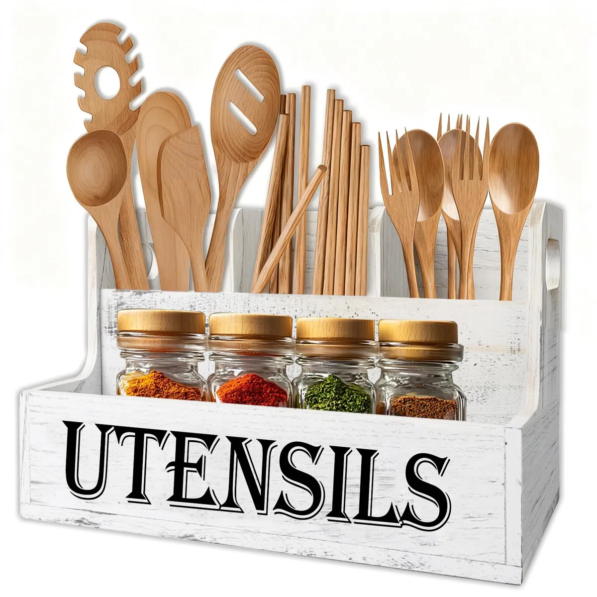 Portautensili da Cucina con Fondo di Drenaggio, Grandi 4 Scomparti in Vero Legno Massiccio, Organizer per Utensili da Cucina, per Bancone Della Cucina Venature Bianche