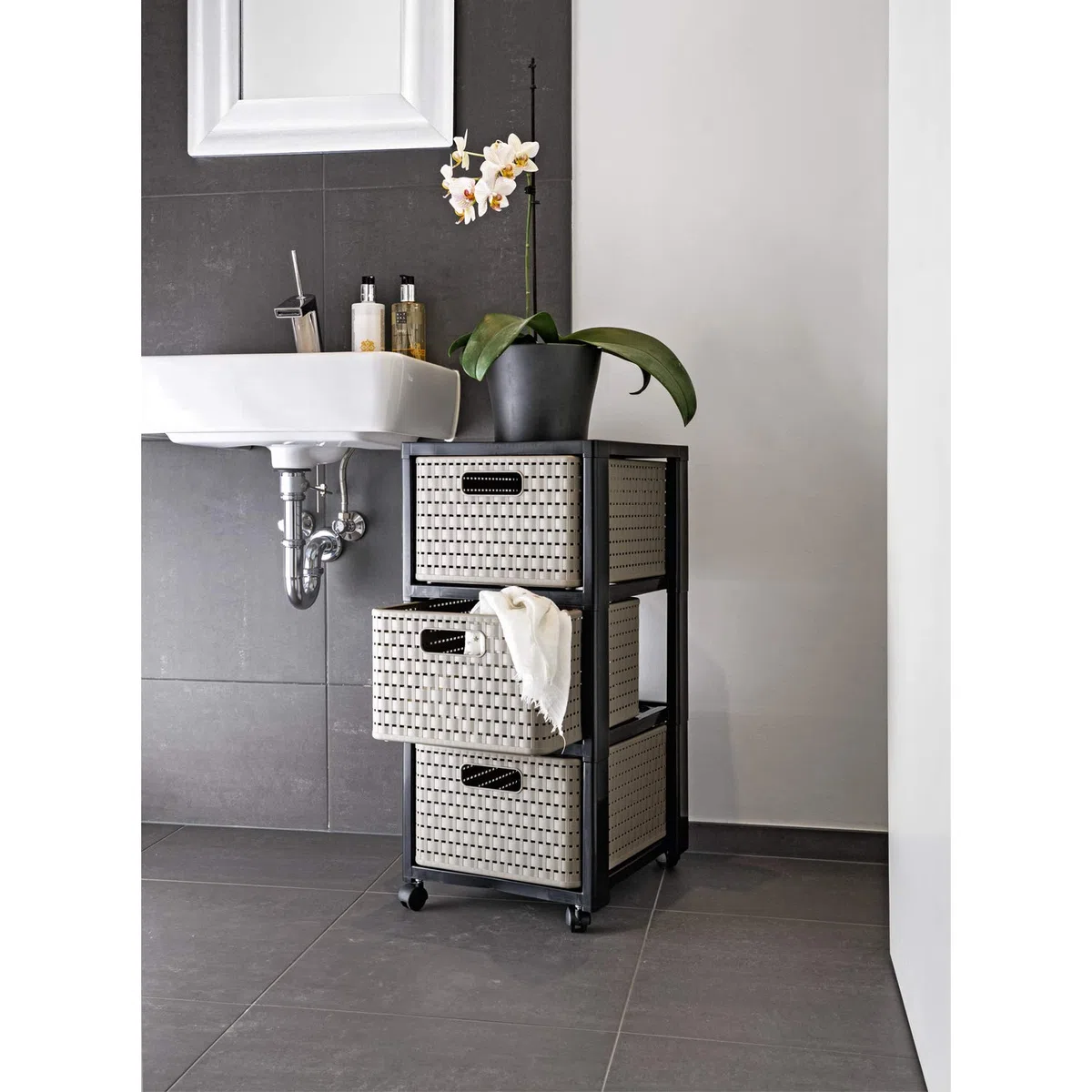 Rotho Country Contenitore arrotolabile con 3 cassetti in rattan, Plastica (PP) senza BPA, antracite, 3 x A4/18l (37,5 x 32,5 x 71,2 cm)