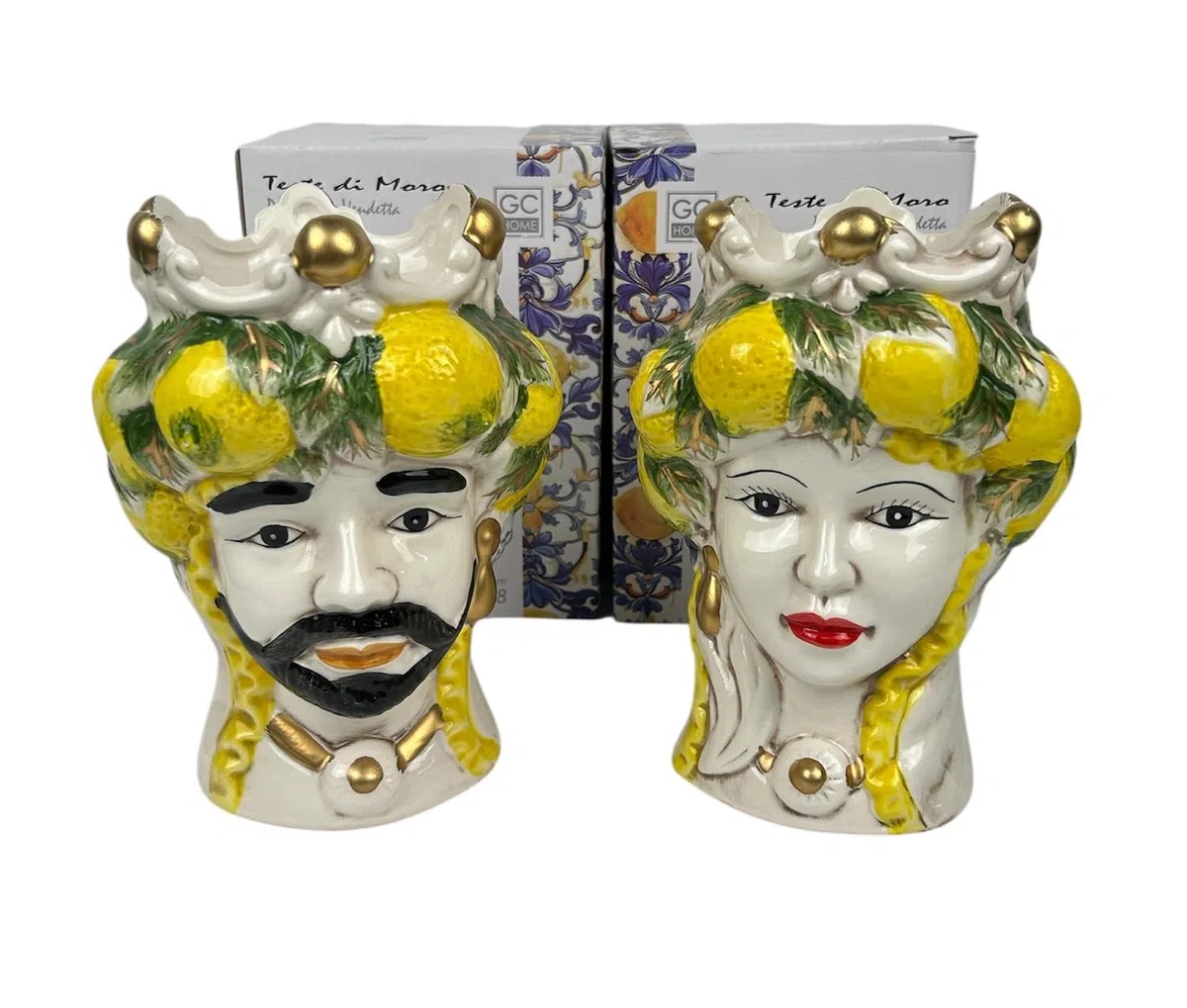Coppia teste di moro regina e re in ceramica decorata stile siciliano vasi moderni gic (LIMONI, 14 X 13 X 18 CM)