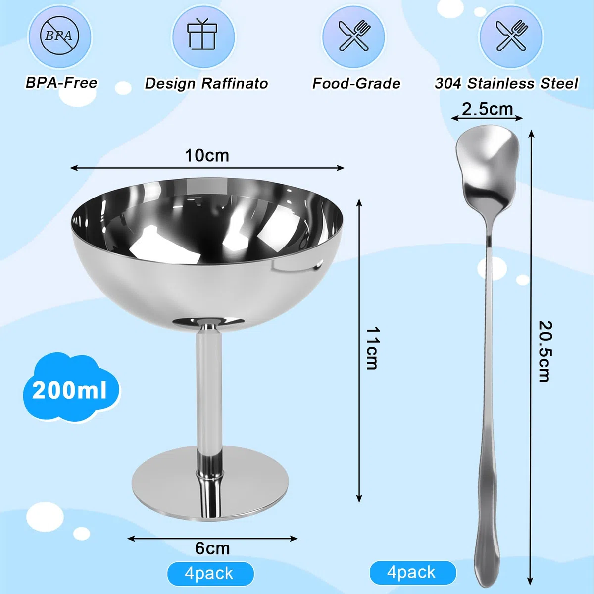 4 Pezzi Tazza per Gelato con 4 Cucchiaio Lungo, Ciotola per Gelato con Piede Ciotola Coppe da Gelato in Acciaio Inossidabile Piccole Ciotole da Dessert Riutilizzabili Bicchieri da Yogurt