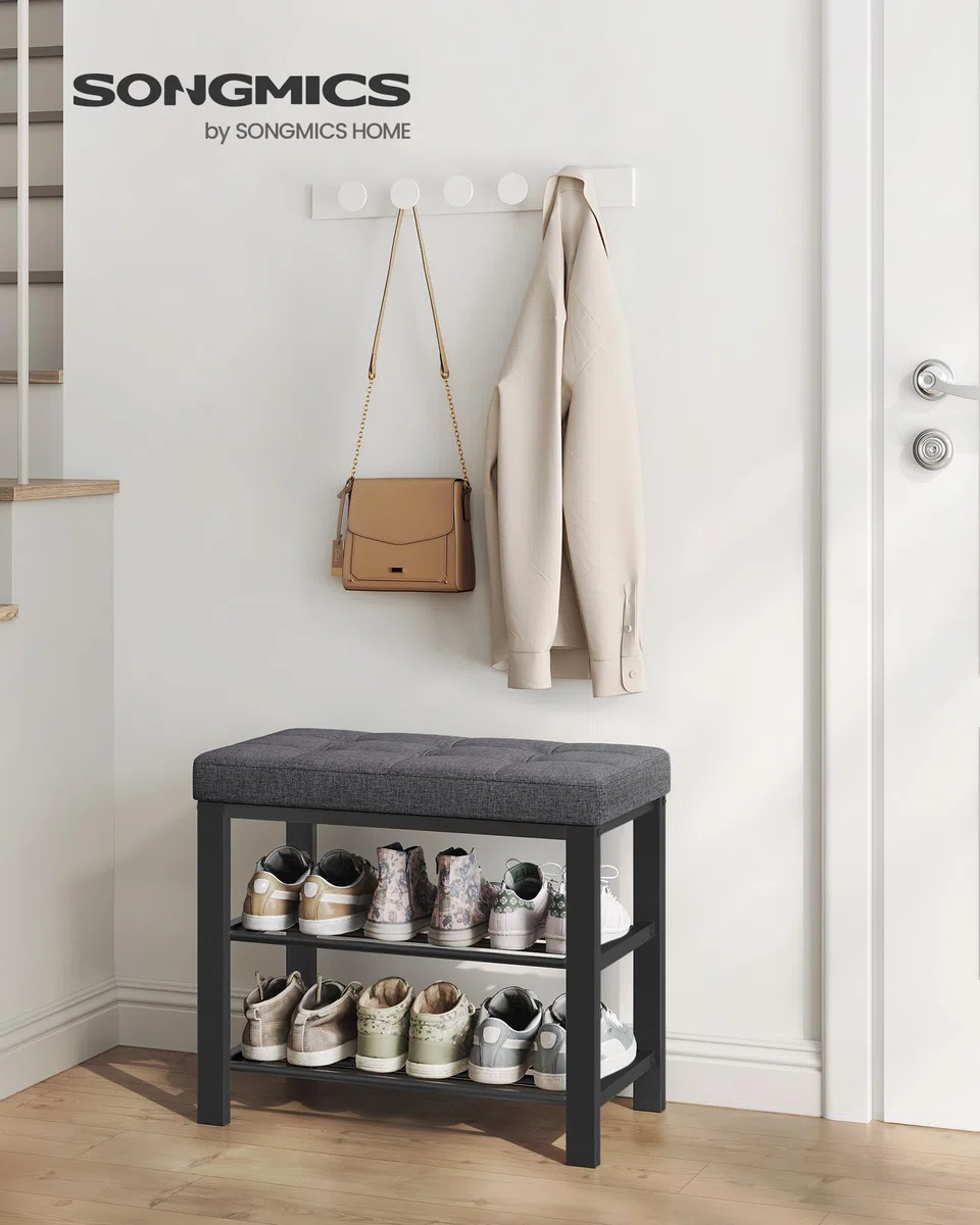 SONGMICS Shoe Bench, 3-Tier Rack for Entryway, 60 * 31 * 49cm, Dark Gray and Black LBS576B33