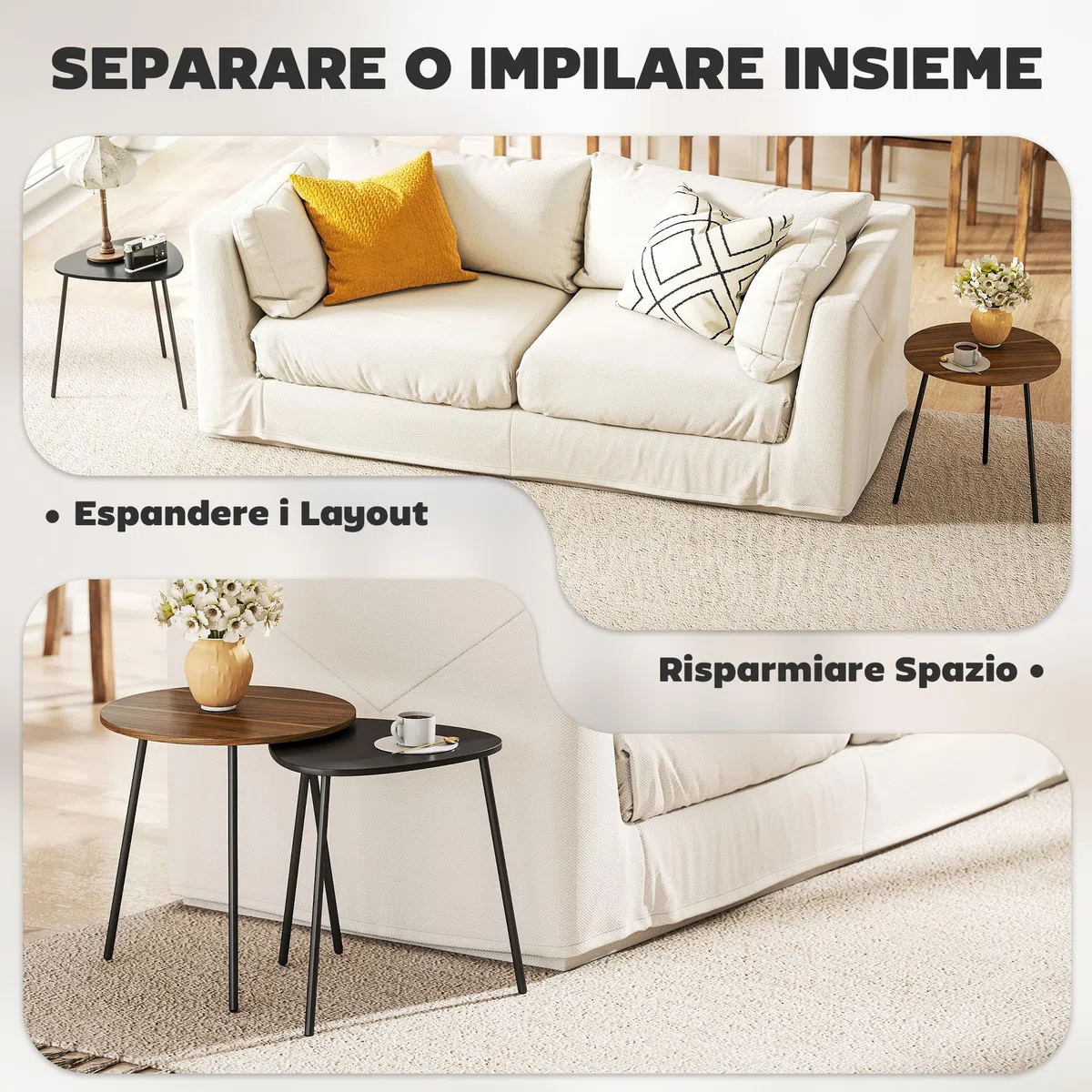 HOMCOM Set di 2 Tavolini da Salotto Impilabili, Tavolini Bassi con Telaio in Metallo per Soggiorno, Camera da Letto e Ufficio, Noce e Nero