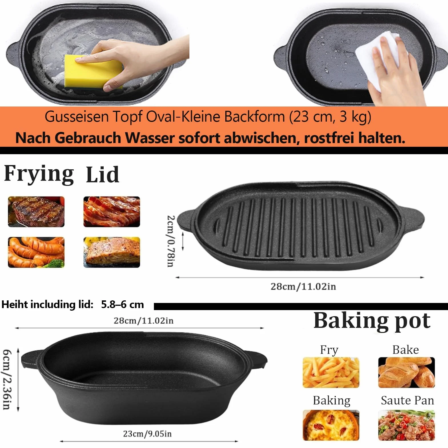 Pentola ovale 2 in 1 in ghisa, 23 cm, 2 l, con coperchio per pane, cast Iron Pot