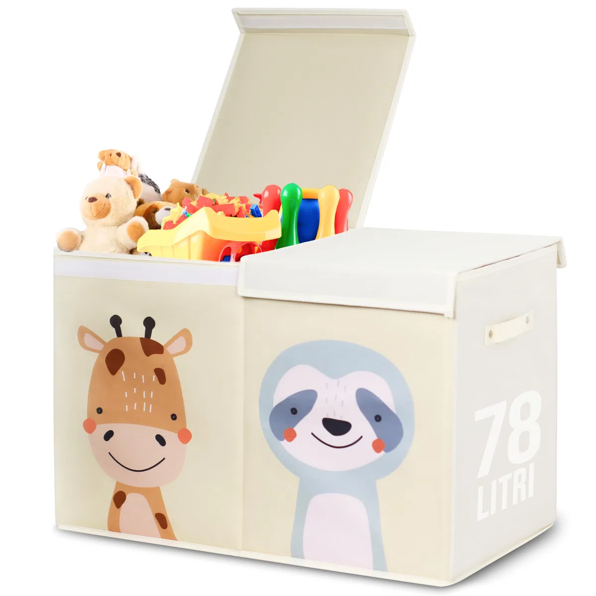 Scatola Porta Giochi per Bambini Beige Pieghevole da 78 Litri. Contenitore Giochi a Doppio Coperchio. Baule e Contenitore Grande in Tessuto Oxford. Organizer Giocattoli. Non Adatto alla Seduta