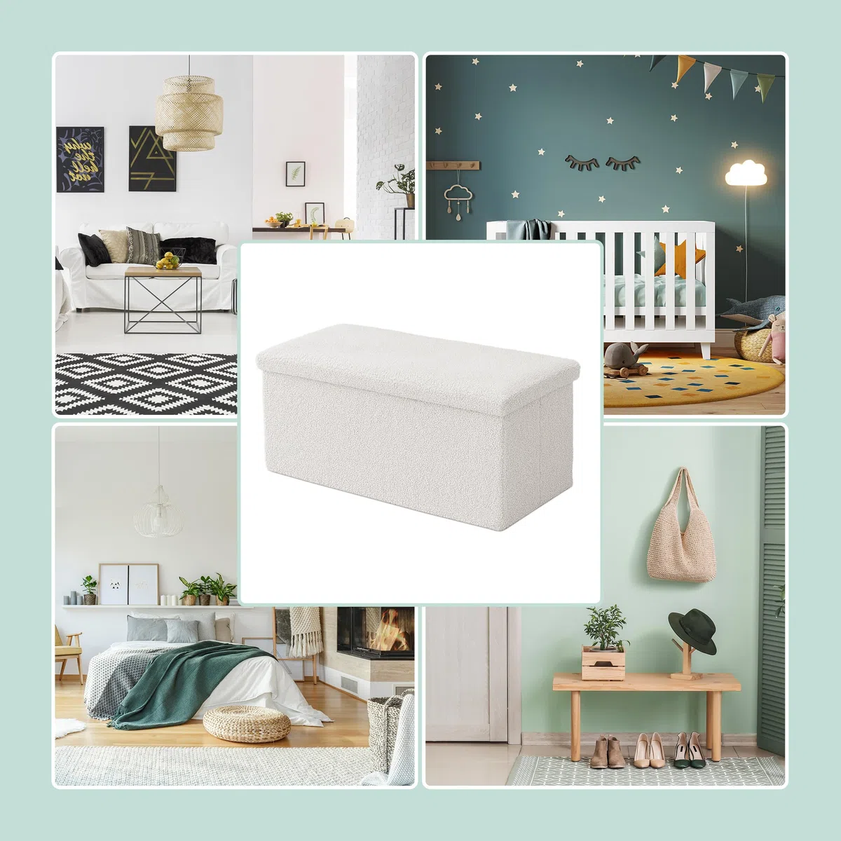 Panca Relaxdays, con Contenitore, Tessuto Teddy, Pieghevole, Imbottita, HLP: 38x76x38 cm, Bianca