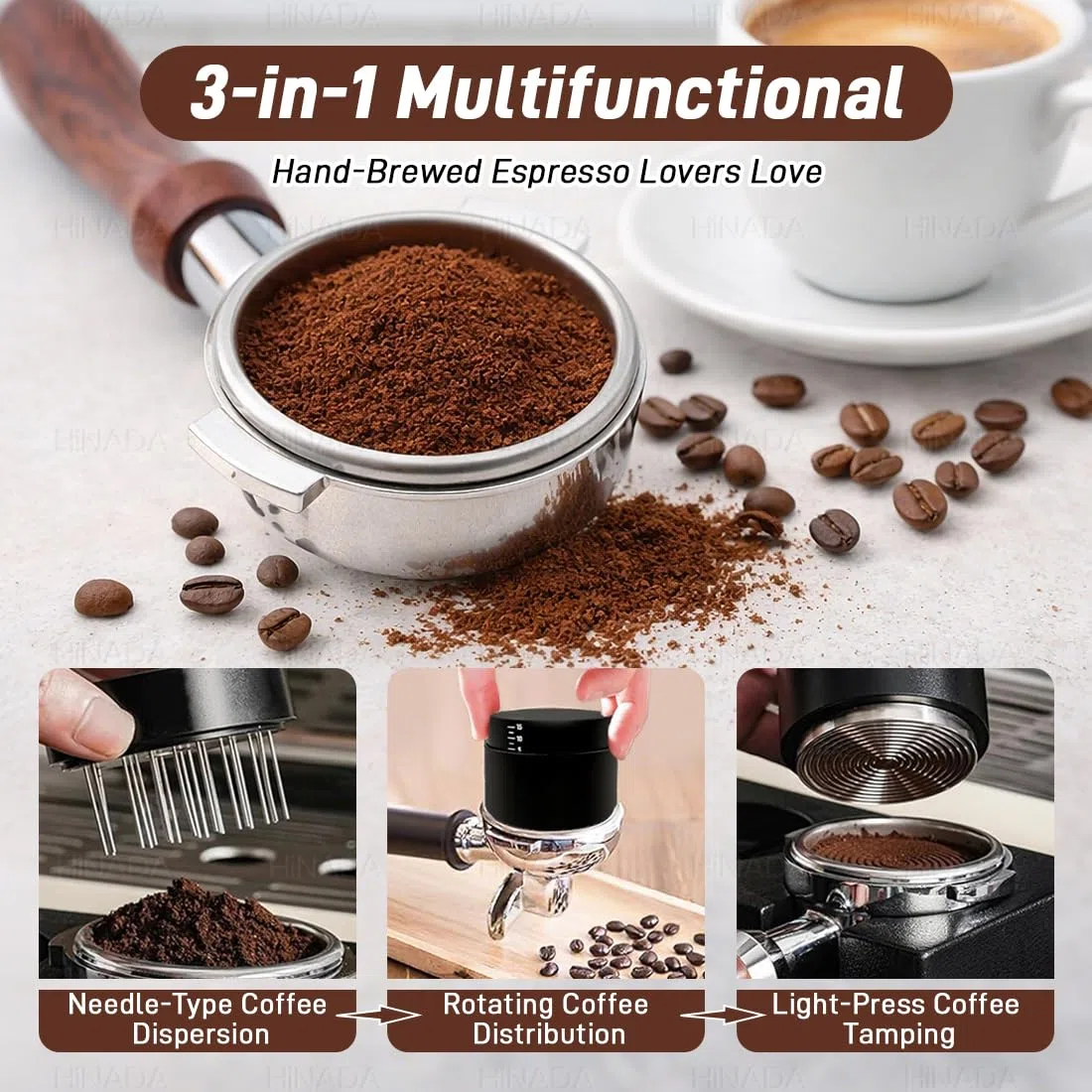 Pressa Caffe 51mm, 3-in-1 Coffee Distributor and Tamper with WDT Tool, Pressino per Caffe con Profondità Regolabile e Molla Calibrata, adatto a portafiltri (51mm)