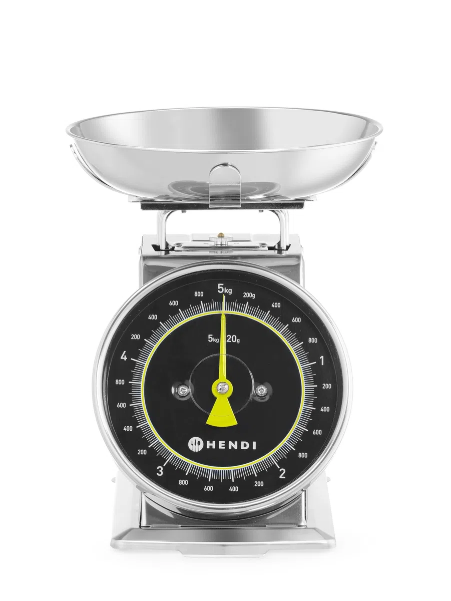HENDI Bilancia da cucina meccanica – Quadrante analogico – Capacità 5kg, Gradazione 20g – 207x231x(H)254mm – Acciaio inox