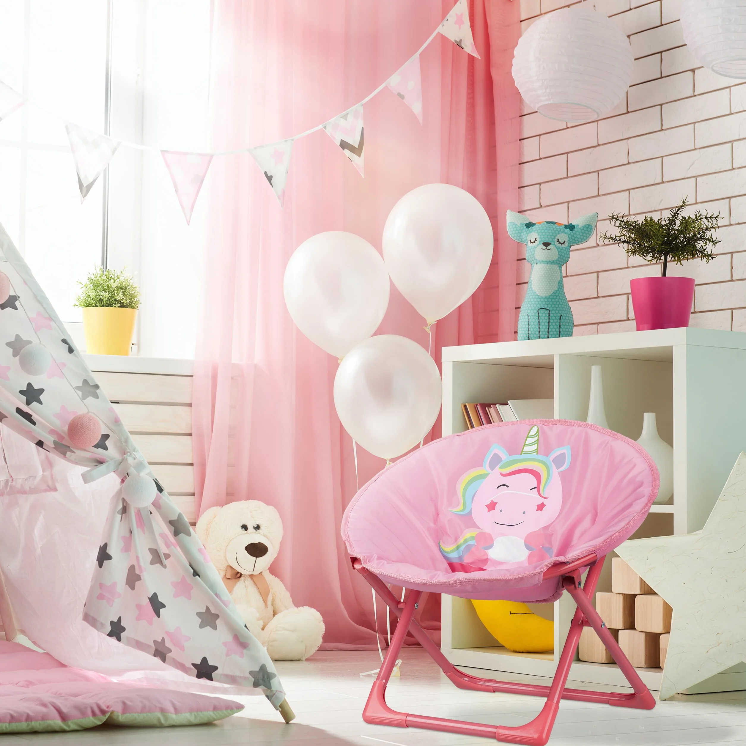 Relaxdays Moon Chair, Sedia Pieghevole Ultraleggera per Bambini e Bambine, Interni e Esterni, Poltroncina, Unicorno Rosa