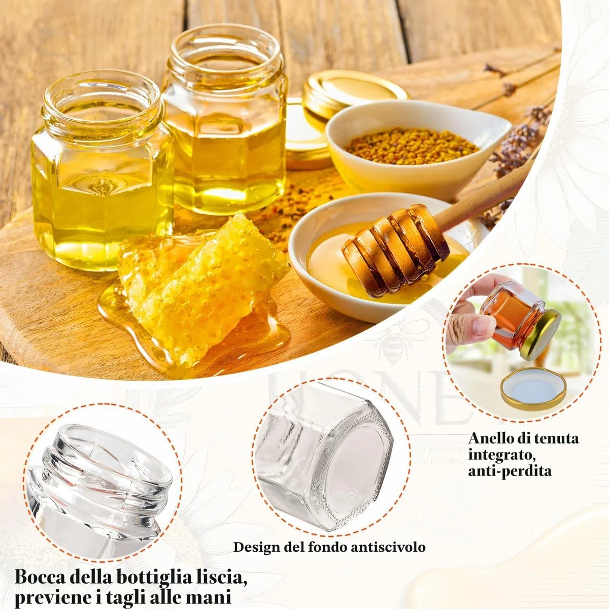 30 Pezzi Mini Vasetti Set Miele,45ml Vasetti Vetro Piccoli,Contenitore Miele Barattolini Vetro Piccoli con Tappo,Con Dippers, Miondoli di Api, per Bomboniere Battesimo, Matrimoni e Feste