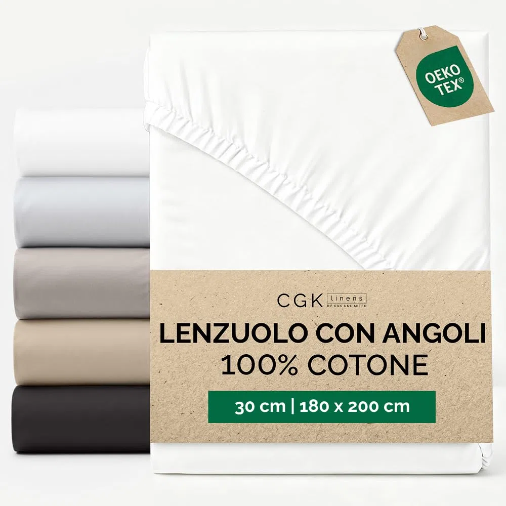 Lenzuolo con angoli 180x200cm - 100% cotone - Lenzuolo con angoli 180x200 per materassi fino a 30 cm altezza - Biancheria premium 400 fili cotone - Certificato OEKO-TEX - Confezione singola - Bianco
