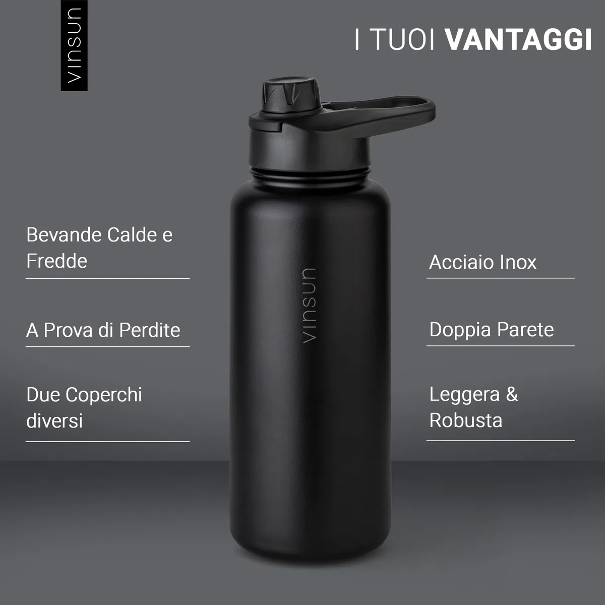 VINSUN Borraccia Termica 1 Litro - Bottiglia Acqua in Acciaio Inox con Cannuccia - Senza Perdite, Senza BPA, Riutilizzabile - Bottiglia Termica per Sport, Scuola e Palestra