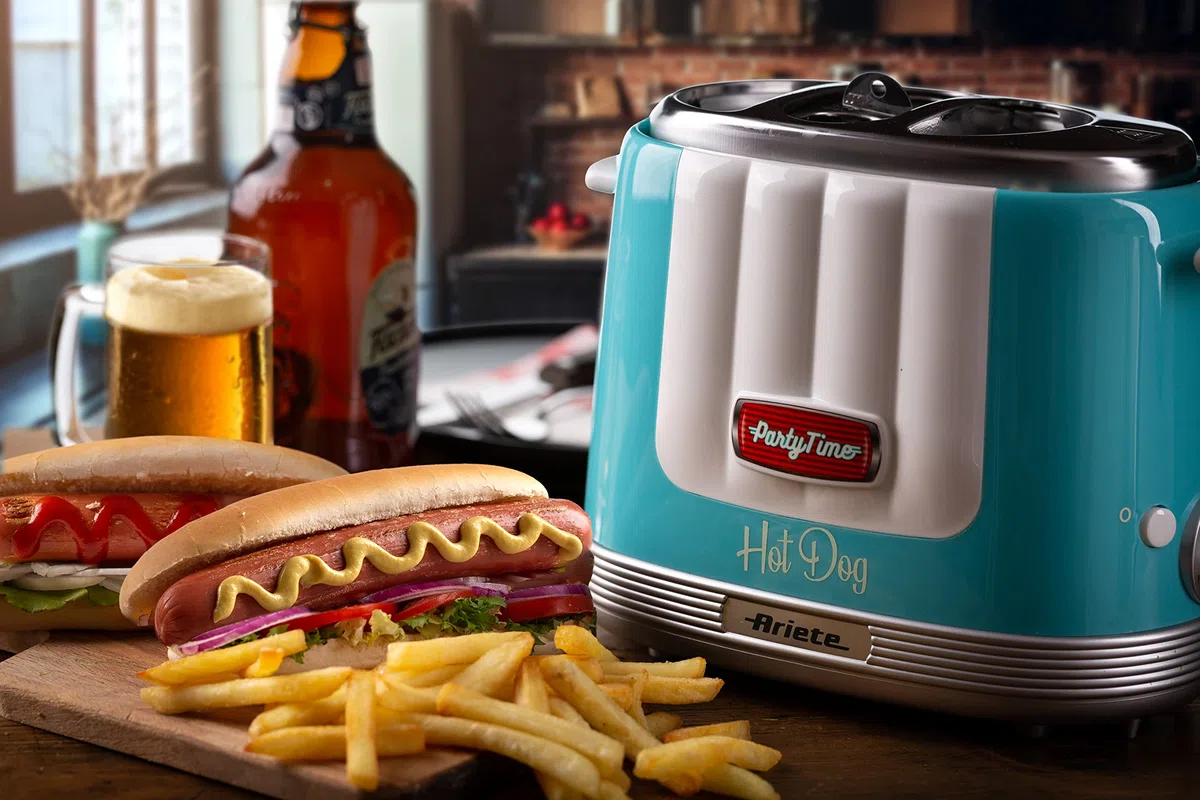 Ariete 206 Hot Dog Maker Party Time, Macchina per fare hot dog, 650 W, 5 livelli di cottura, 4 spazi di cottura, Espulsione automatica, Azzurro