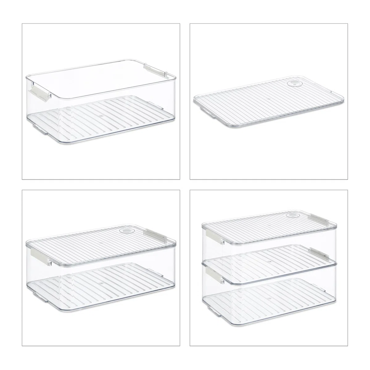 Relaxdays Contenitori per Frigo con Coperchio, Set da 2, Impilabile, Box per Frutta e Verdura, Salvaspazio, Trasparente
