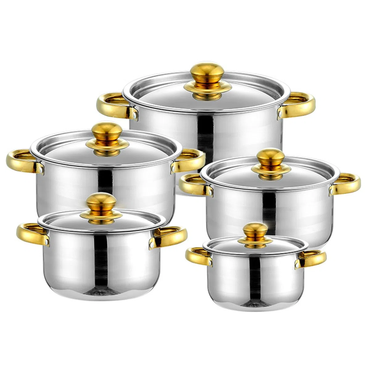 Set di pentole e padelle, set di pentole con coperchio in vetro, in acciaio inox, 5 pentole con 5 coperchi, doppia maniglia per la casa