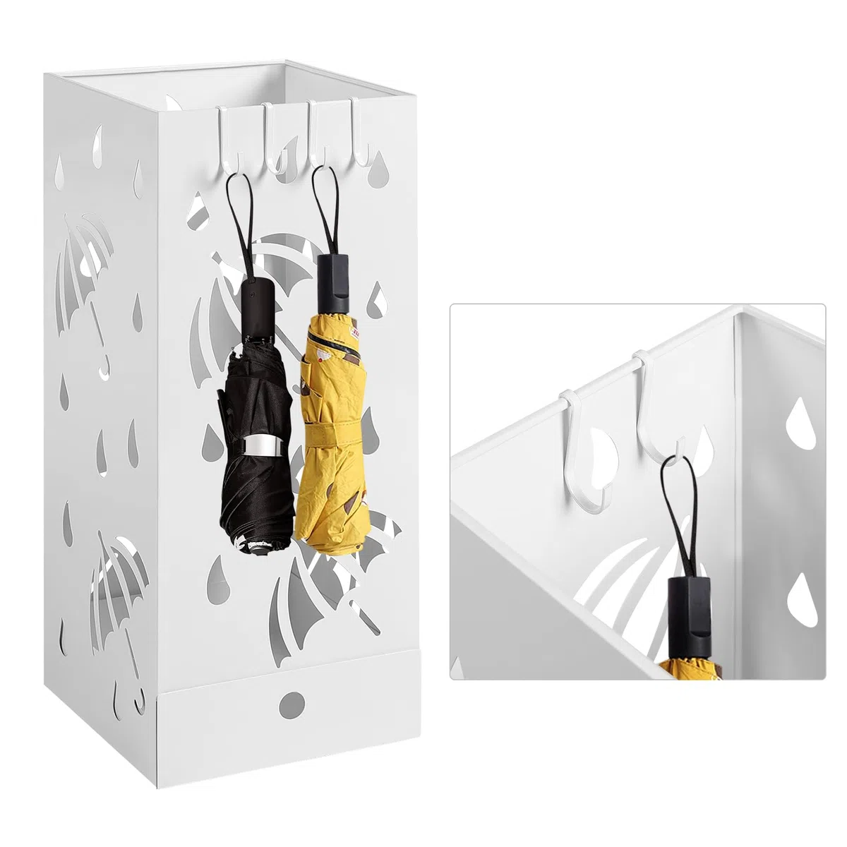 Laneetal Portaombrelli in Metallo con Vassoio Estraibile e 4 Ganci, Portaombrelli con Motivi a Ritaglio di Ombrelli e Gocce di Pioggia, 20x20x49 cm, Bianco