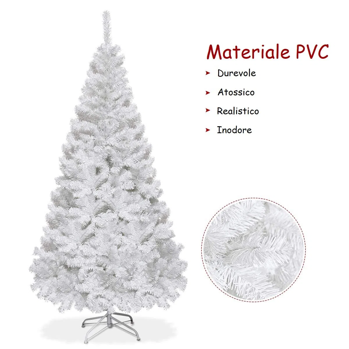 COSTWAY Albero di Natale 150/180/210/240 cm, Albero di Natale Bianco con 350/650/950/1138 Rami in PVC e Supporto in Metallo, Albero di Natale Artificiale per Casa, Ufficio e Negozio (180 cm)