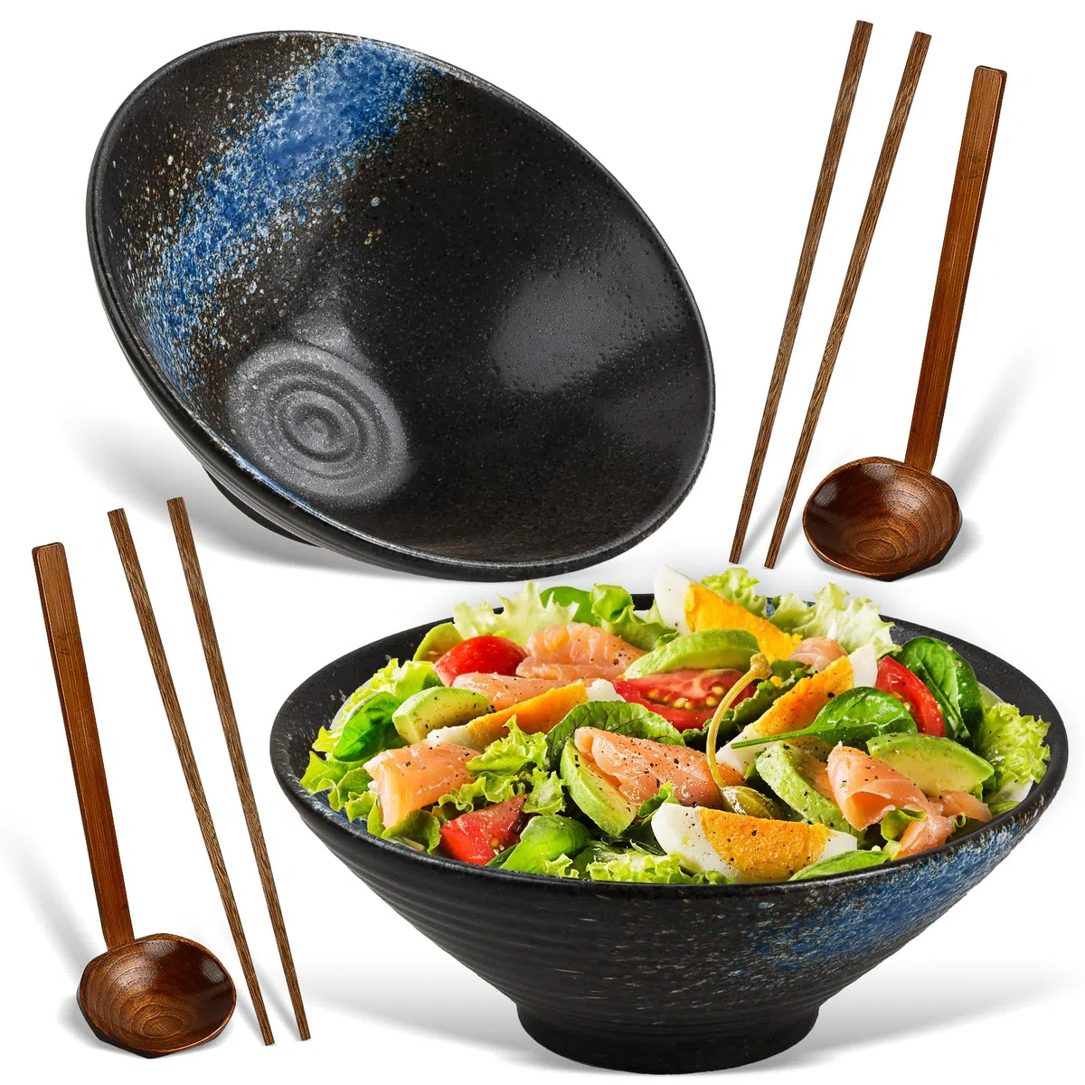 2 Ciotole Ramen in Ceramica 1000 ml, Ciotola Giapponese con Bacchette e Cucchiai per Zuppa Pho Udon Noodles Insalata, Compatibile Microonde Lavastoviglie Forno