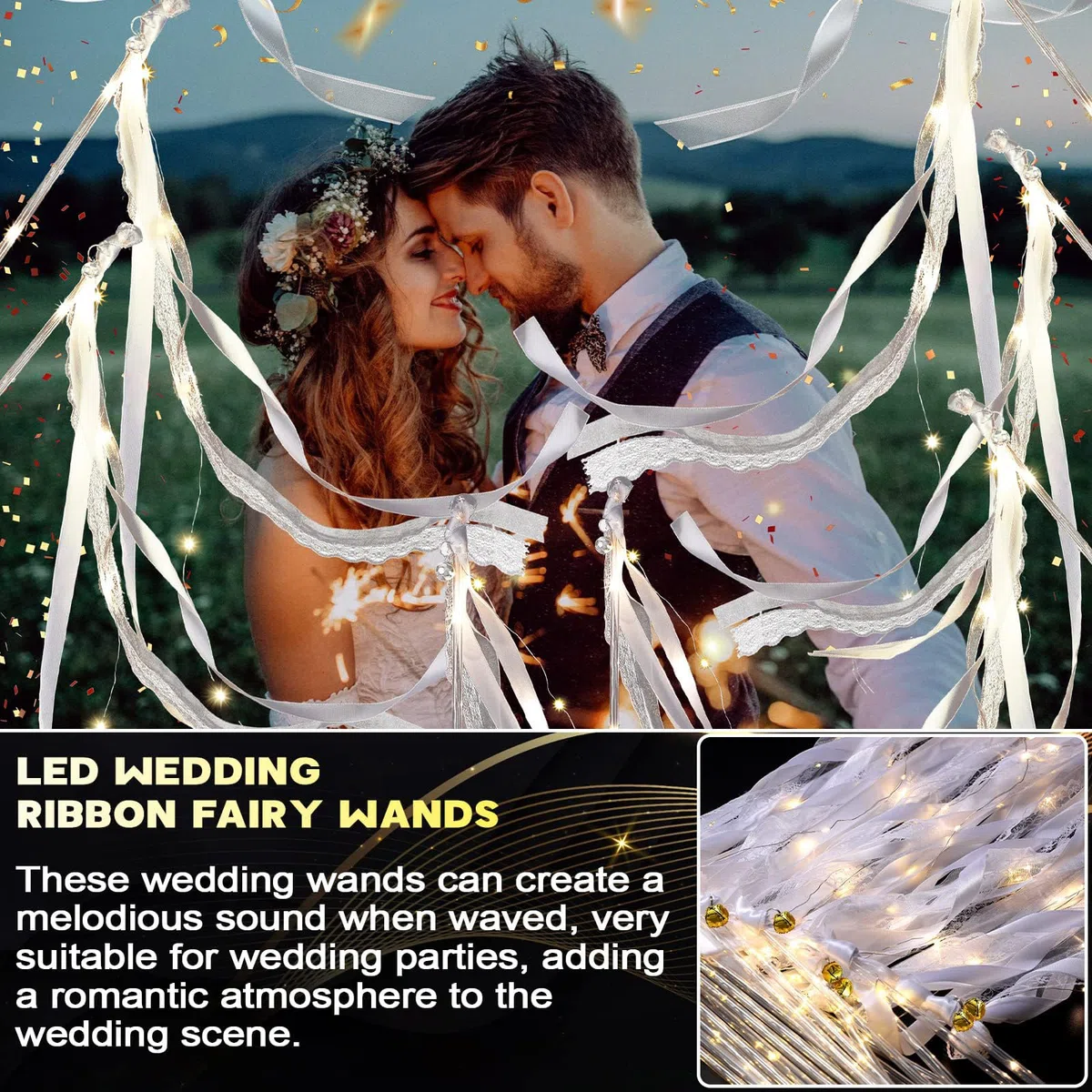Bacchette Magiche per Matrimonio con Bagliore di Luce LED, Bacchetta Magica con Campana, Matrimonio Nastro, Bacchette da Sposa, Bacchette Nuziali, Bacchette di Pizzo Romantiche con Nastri Nuziali (24)