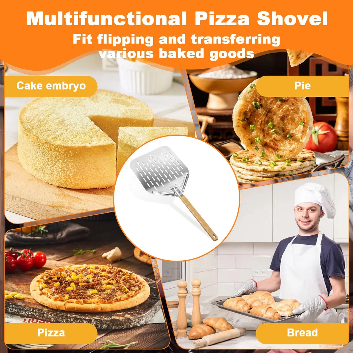 Pala per Pizza Perforata 39,5 x 30 cm con Manico Lungo in Legno Rimovibile, Paletta Pizzas Scorrevole 12 Pollici in Alluminio, Spatola Pane Forata Grande Professionale per Gasgrill, Barbecue e Forno