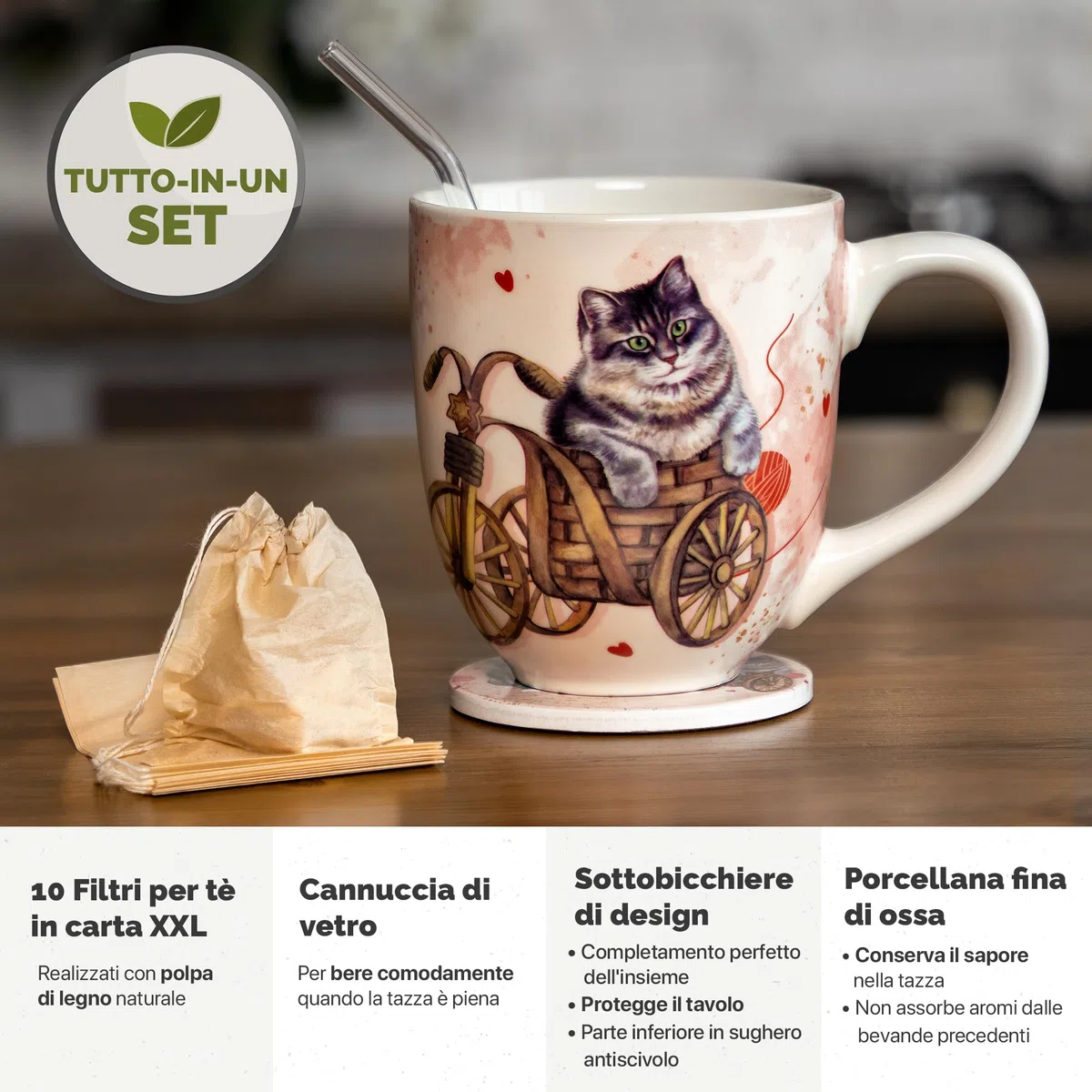 YC YANG CHAI Jumbotazza 900 ml - Tazze da Tè in Porcellana di Ossa - Set XXL con Sottobicchiere - Mug Grande, Tazza Colazione - YC CatiCat