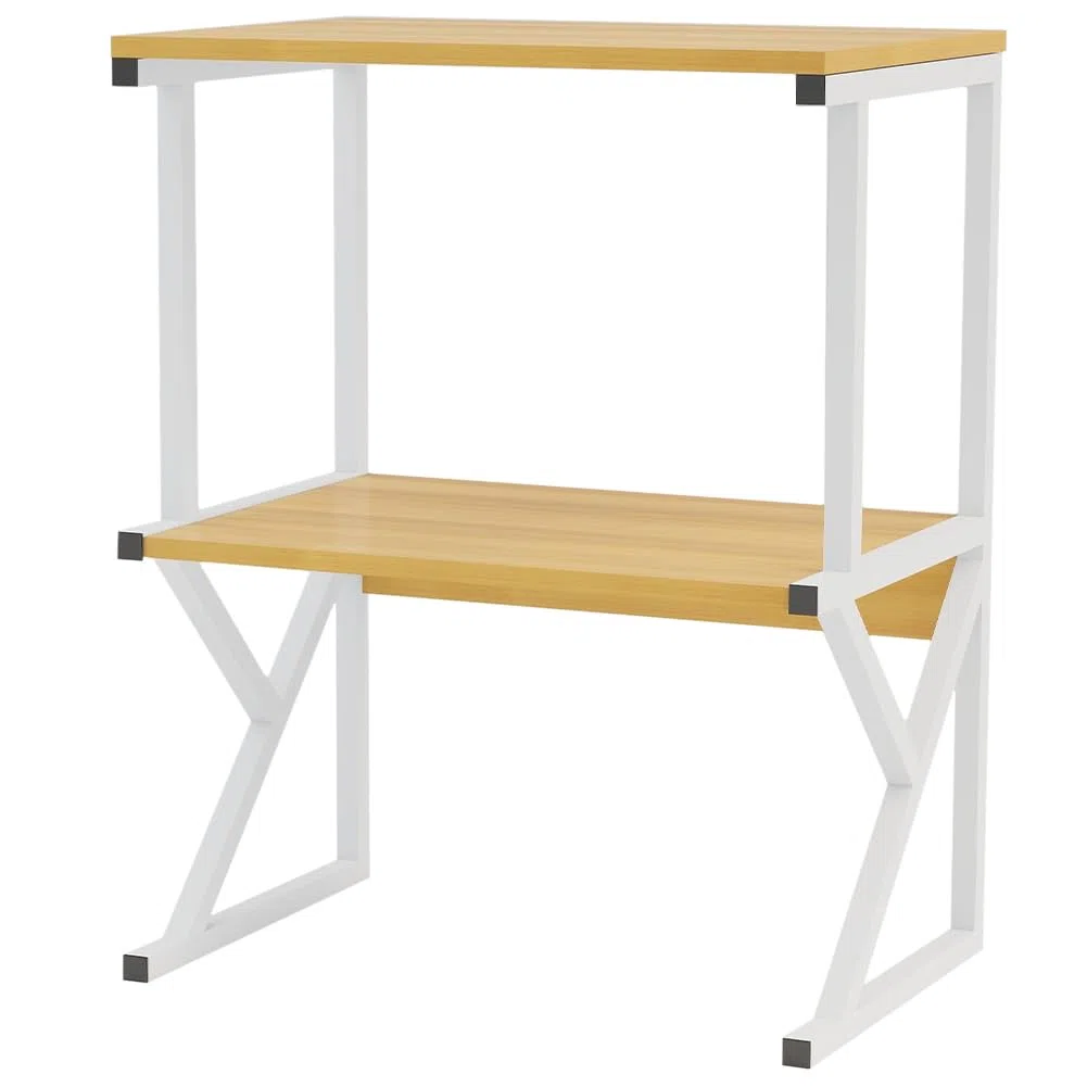 BAKAJI Mensola Porta Stampante Salvaspazio in Acciaio e Legno, Scaffalatura a 2 Ripiani con Piedini Anti Scivolo per Stampanti, Unità di Mensole Supporto da Ufficio Design Industrial (Beige + Bianco)