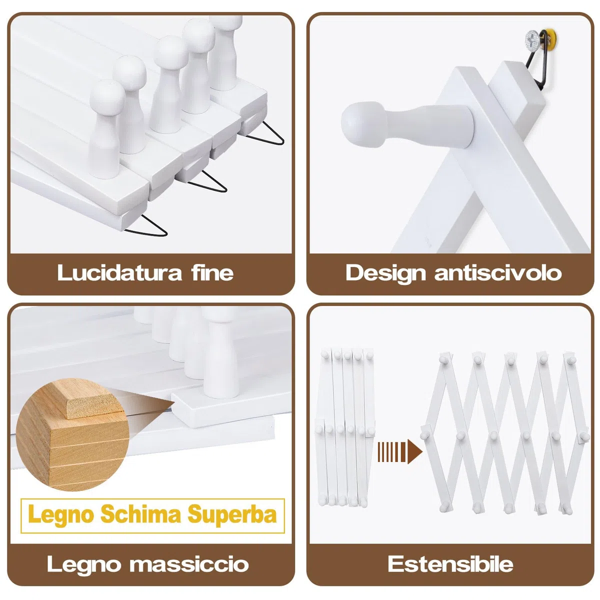 Qiannhee Appendiabiti da Parete Design Legno Attaccapanni da Muro Moderno con 16 Ganci de Parete Fisarmonica Bianco Appendiabiti Estensibile per Parete Ingresso Soggiorno Camera da Letto 80cm 100cm