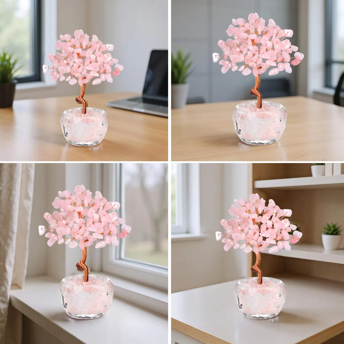 RIVIEVAL Albero di cristallo di quarzo rosa fatto a mano, albero di pietre preziose curative per la casa e l'ufficio, albero dei chakra, regalo di buona fortuna per le donne, compleanno (rosa)