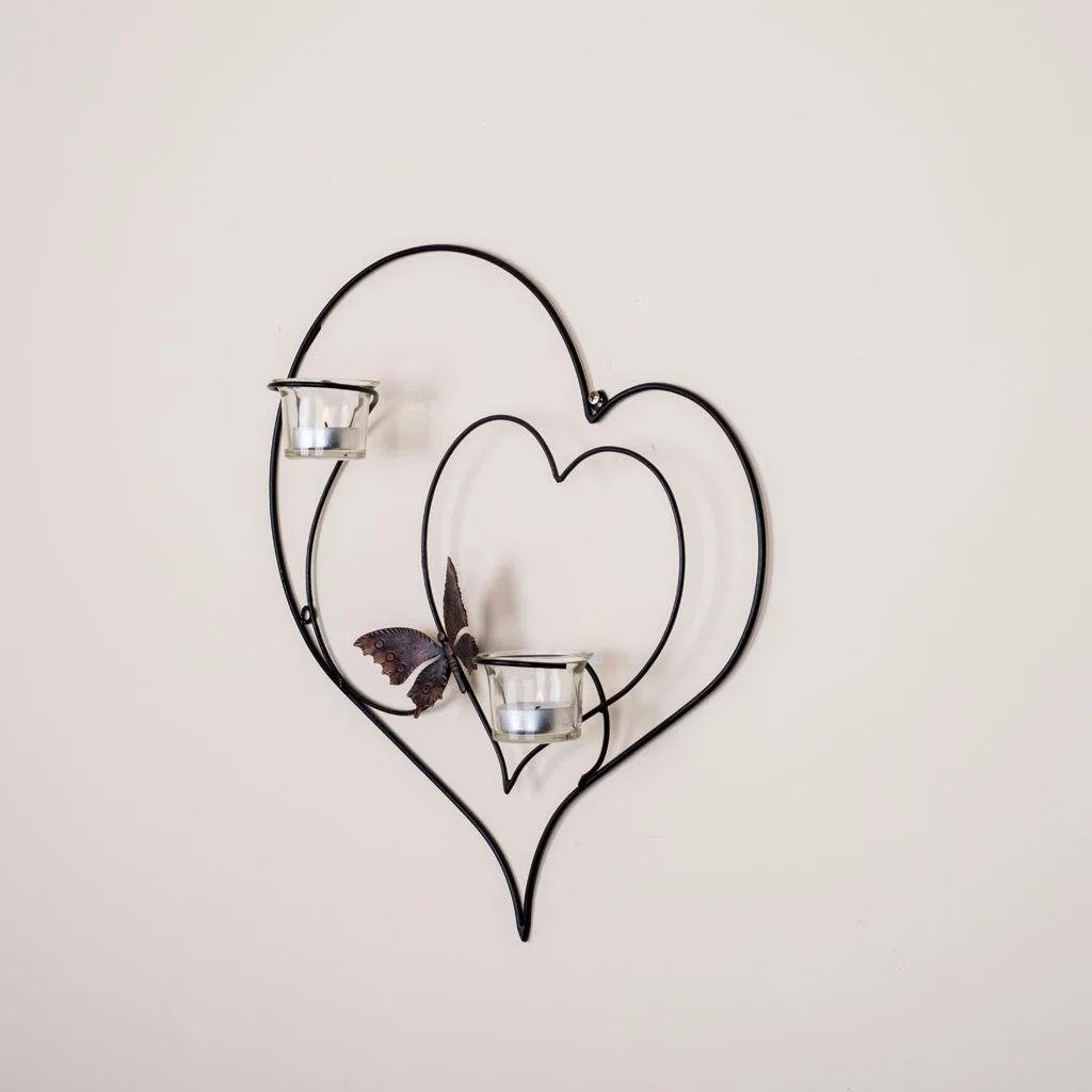 DanDiBo Portacandele da parete, a forma di cuore, in metallo, altezza: 39 cm, nero