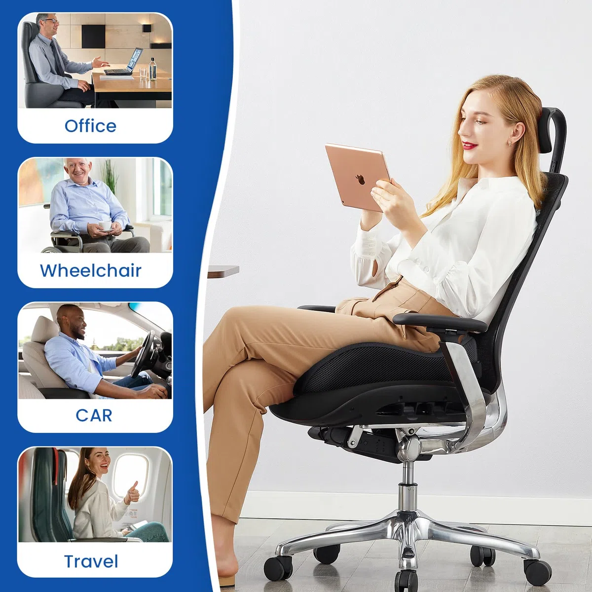 Benazcap Cuscino Sedia Ufficio, Cuscino Ergonomico di Seduta Ortopedico per Alleviare la Pressione di Coccige, Sciatica, Cuscino di Seduta in Memory per Sedia a Rotelle, Sedile Auto