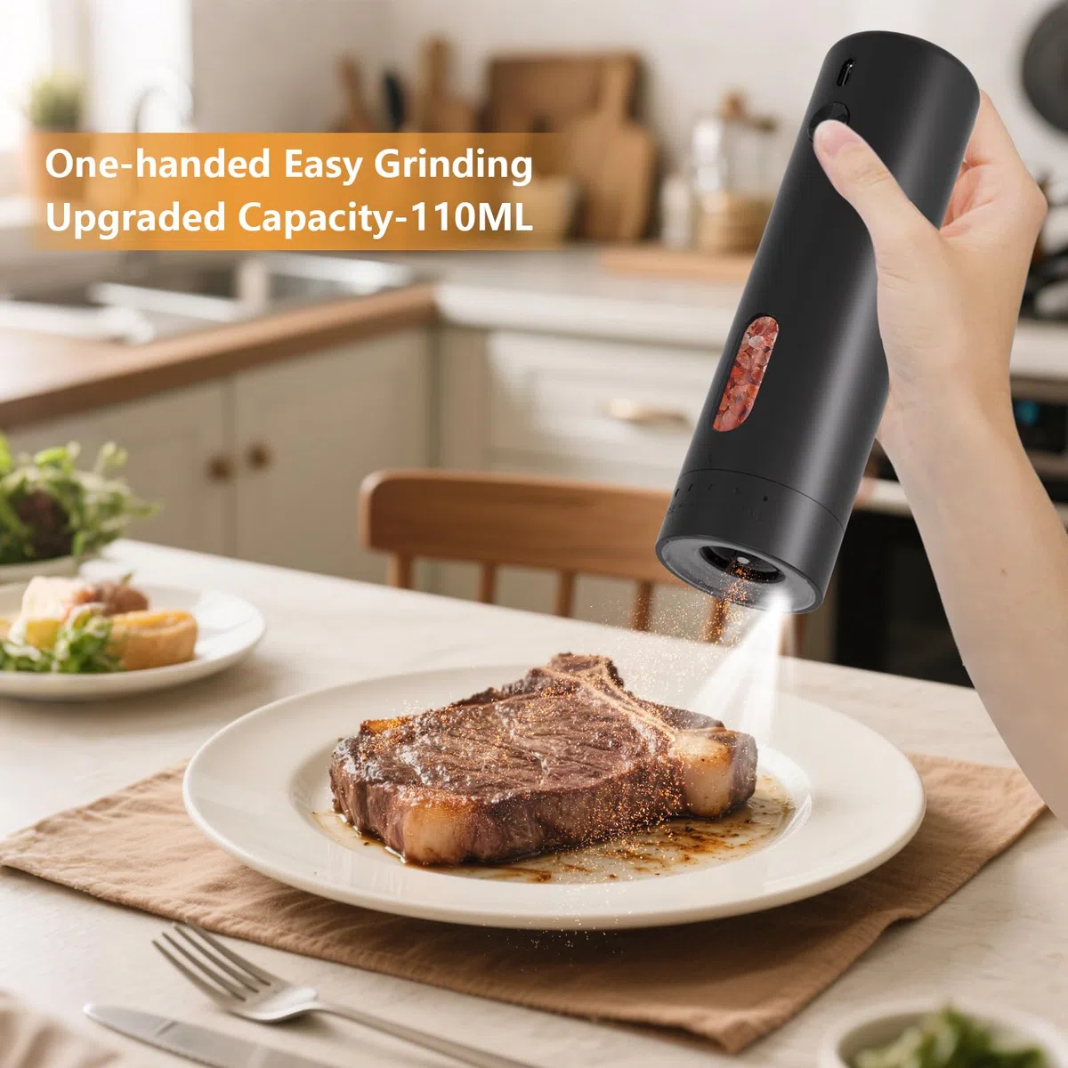 Set Macina Sale e Pepe Elettrico Ricaricabile, 110ML Capienza Grande, Regolazione Grana Esterna, LED, Macinapepe Cuore Ceramica, Nero